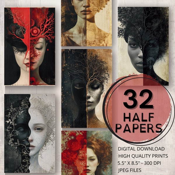 Half & Half Woman Face Female Journal Half Papers Printable Pages Ephemera Scrapbooking Portrait Collage Card Making Art Journal Supplies