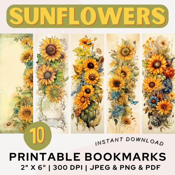 Sunflowers Bookmarks Printable Bookmark Garden Flower Vintage Bookmark Sunflower Bookmark PNG PDF JPG Floral Bookmark Set Book Lover Gift