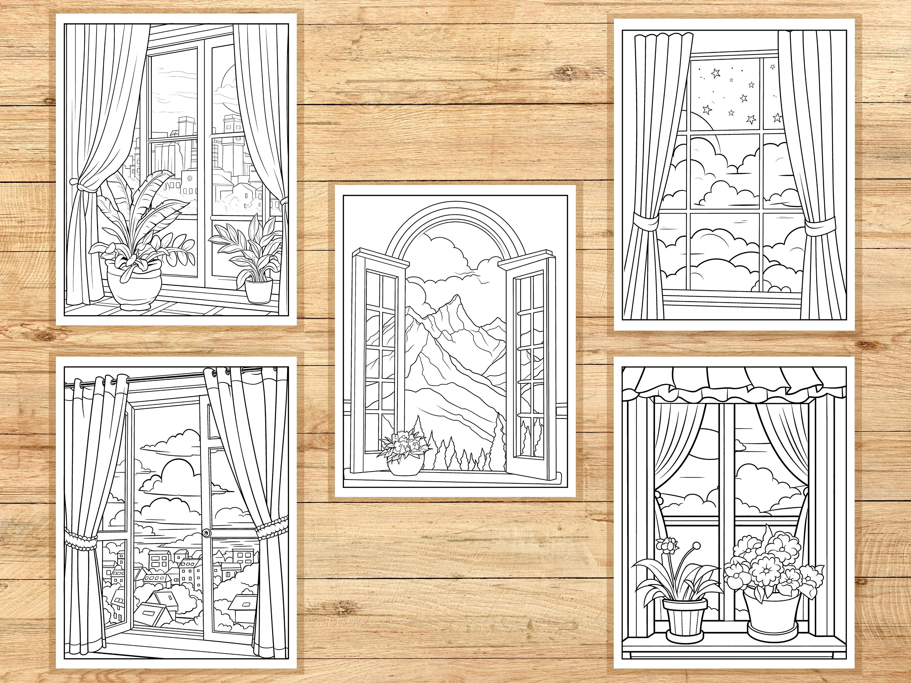 Window View Coloring Pages, 15 Printable Pages for Relaxation & Stress ...