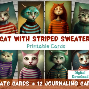 Cartes ATC imprimables Chat avec pull rayé, journal indésirable, téléchargement numérique, fournitures éphémères pour journal indésirable, collage d'images, scrapbooking