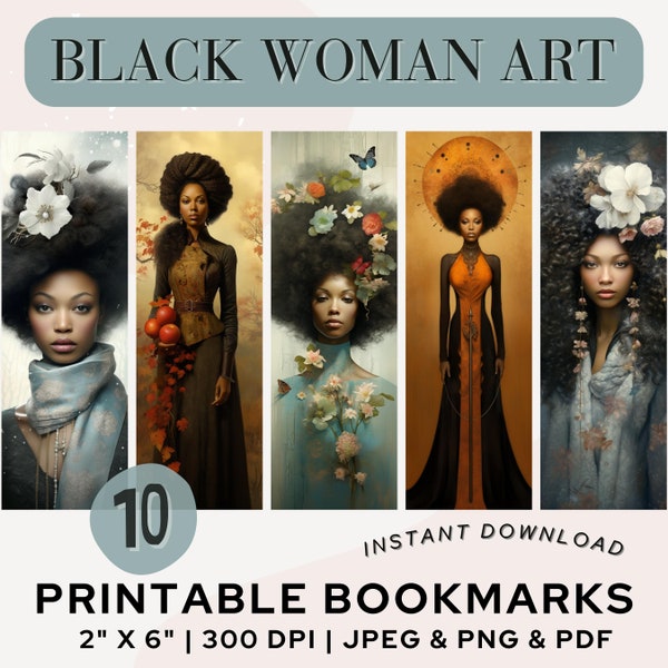 Black Woman Art Bookmark Printable Bookmarks Female Art Black Girl Women Artistic Bookmark PNG PDF JPG Bookmark Set Book Lover Gift Digital