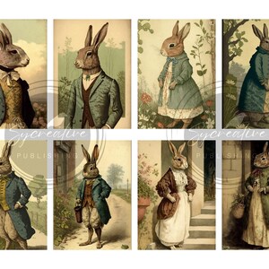 May include: A collage of six vintage illustrations featuring rabbits dressed in clothing. The rabbits are depicted in various settings, including a garden, a forest, and a building. The illustrations are in a whimsical style and feature vibrant colours.