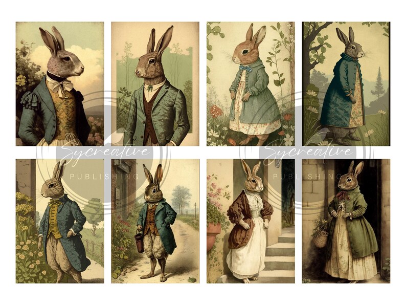 May include: A collage of six vintage illustrations featuring rabbits dressed in clothing. The rabbits are depicted in various settings, including a garden, a forest, and a building. The illustrations are in a whimsical style and feature vibrant colours.