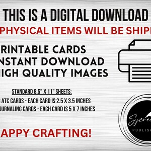 May include: Printable digital download of 8 ATC cards and 8 journaling cards. Each card is sized for standard 8.5 x 11 inch sheets. The text reads "This is a digital download. No physical items will be shipped. Printable cards. Instant download. High quality images. Standard 8.5" x 11" sheets: 8 ATC cards - each card is 2.5 x 3.5 inches. 8 journaling cards - each card is 5 x 7 inches. Happy crafting!" and a printer icon is shown. The Sycreative Publishing logo is a black circle with a white bird and the text "Sycreative Publishing".