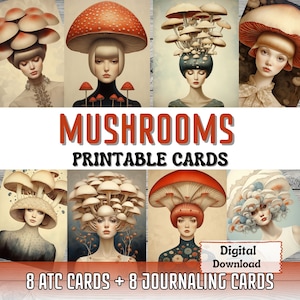 Cartões de diário para impressão de cogumelos, cartão atc para fazer arte surreal, retrato de mulher, cogumelo, coisas efêmeras, cartão de fungos, natureza, suprimentos de diário