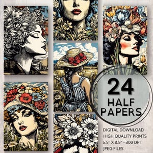Vintage Floral Muse Journal Half Papers Floral Printable Page Floral Woman Ephemera Scrapbooking Collage Card Making Junk Journal Supplies