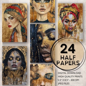 Boho Gold Lady Journal Half Papers Afdrukbare pagina's Vrouw Portret Kaarten Maken Mixed Media Scrapbooking Efemere Vrouwelijke Journal Supplies
