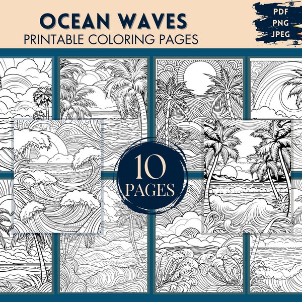 Ocean Waves Coloring Pages, 10 Printable Ocean Themed Pages, Beach Scene, Palm Tree, Summer, Sunset Sunrise PNG, PDF, JPEG, Instant Download
