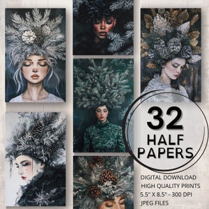 Silver Pine Journal Half Papers Tree Printable Pages Pine Tree Woman Portrait Ephemera Collage Art Card Making Nature Junk Journal Supplies
