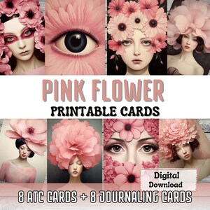 Pink Flower Printable Junk Journal Cards ATC Card Making Flower Collage Surreal Art Portrait Ephemera Printable Cards Junk Journal Supplies