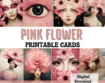 Pink Flower Printable Junk Journal Cards ATC Card Making Flower Collage Surreal Art Portrait Ephemera Printable Cards Junk Journal Supplies