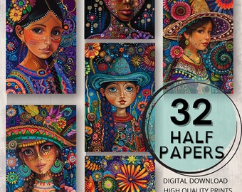 Huichol arte estilo menina diário metade papéis páginas imprimíveis scrapbooking coisas efêmeras huihol padrão colagem cartão fazendo lixo diário suprimentos