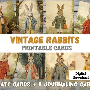 Coelhos vintage para impressão, imagem digital, cartões atc, animais vestidos, folhas de colagem, álbum de recortes, conjunto de cartões de registro em diário