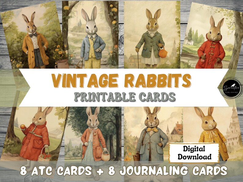 May include: Eight vintage-style printable cards featuring illustrations of rabbits wearing clothing. The cards are designed for use as ATC cards and journaling cards. The text "Vintage Rabbits Printable Cards" is displayed at the top of the image. The text "Digital Download" is displayed at the bottom of the image. The text "8 ATC Cards + 8 Journaling Cards" is displayed at the bottom of the image.