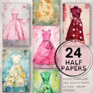 Vestido retrô diário, meio papel para impressão, página digital, efêmeras, álbum de recortes, moda vintage, colagem de cartões, vestido, lixo, suprimentos de diário