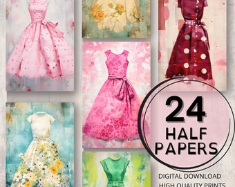 Retro Dress Journal Half Papers Printable Page Digital Ephemera Scrapbooking Vintage Fashion Collage Card Making Dress Junk Journal Supplies