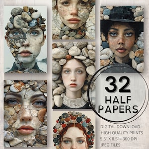 Pebbles Journal Half Papers Página imprimible Arte surrealista Retrato de mujer Ephemera Scrapbooking Collage Card Making Nature Junk Journal Supplies