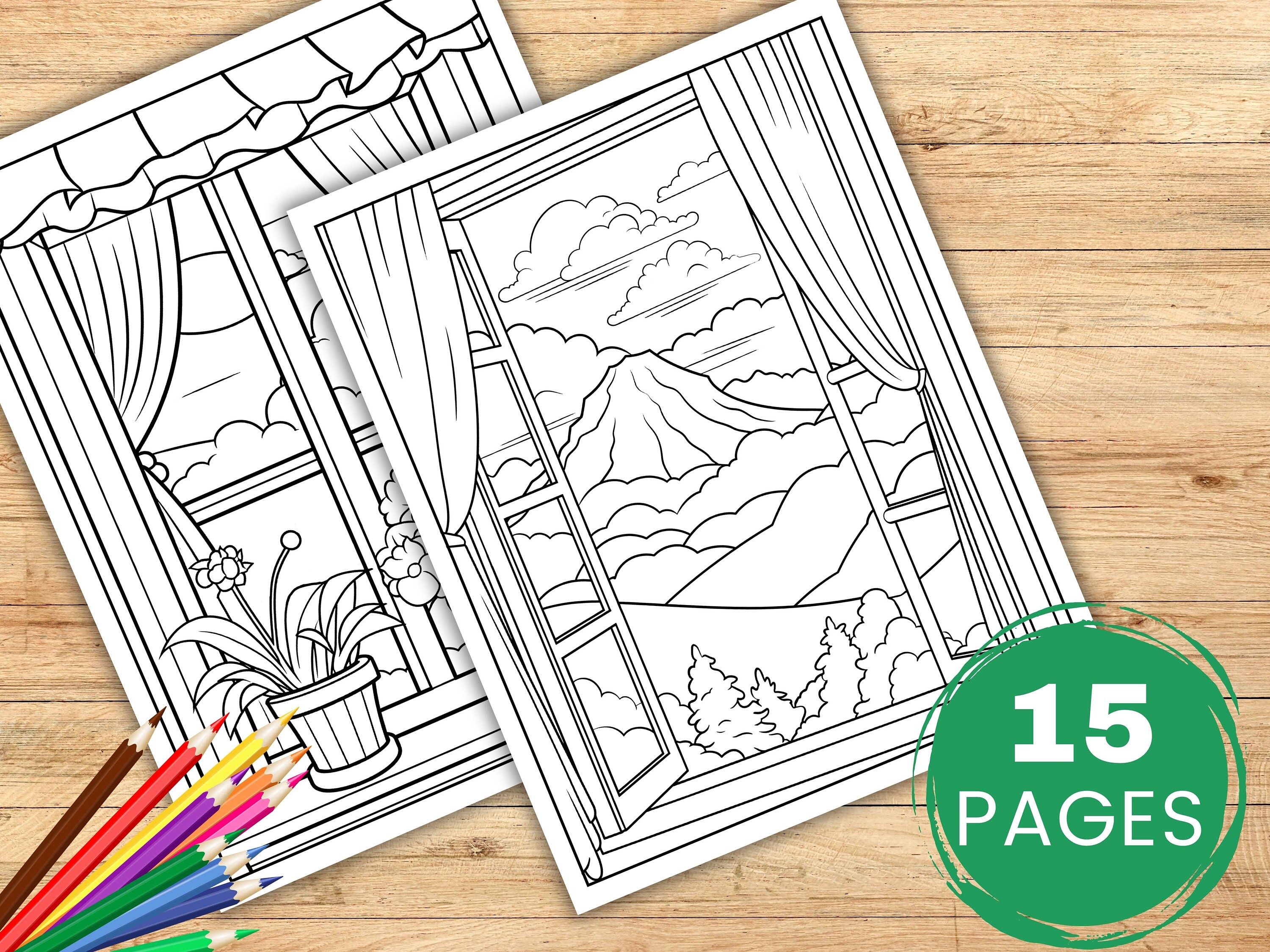 Window View Coloring Pages, 15 Printable Pages for Relaxation & Stress ...