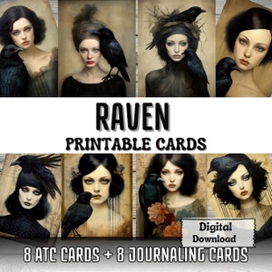 Raven impressão lixo cartões de diário atc cartão fazendo arte surreal mulher retrato raven ephemera scrapbooking cartões imprimíveis suprimentos de diário