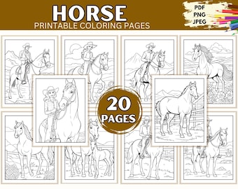 Horse Coloring Pages, 20 Printable Pages for Teens & Adults Horses Coloring Book Horse Images Instant Download PDF, JPEG, PNG