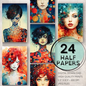 Pointilismus Alkohol Tinte Journal Hälfte Papiere Druckbare Seite Frau Porträt Abstrakte Ephemera Collage Karte Herstellung Buntes Junk Journal Versorgung