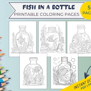 Fish in a Bottle Coloring Pages, 5 Printable Sheets for Relaxation and Stress Relief, PDF, JPEG, PNG, Digital Coloring Book, Download