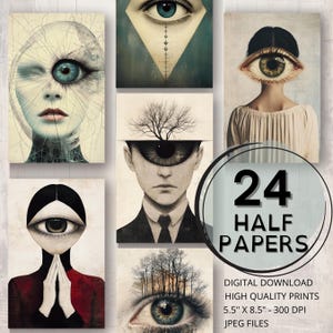 Poza wizją Surrealistyczny dziennik oczu Pół papieru Wydrukuj stronę Surrealistyczna sztuka Ephemera Scrapbook Kolaż Tworzenie kart Dream Junk Journal Supplies