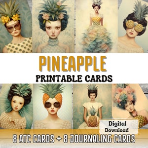 Cartões de diário para impressão de abacaxi, cartão atc, arte surreal, retrato de mulher, coisas efêmeras, cartões imprimíveis, suprimentos para diário de frutas