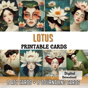 Cartões de diário de lixo para impressão de flores de lótus ATC Card Making Colagem de flores Arte surreal Retrato Ephemera Cartões para impressão Suprimentos de diário de lixo