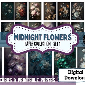 Papier imprimable fleurs de minuit et cartes ATC, éphémères de journal indésirable, album de coupures, TÉLÉCHARGEMENT NUMÉRIQUE, feuille de collage, art floral foncé, lot 1