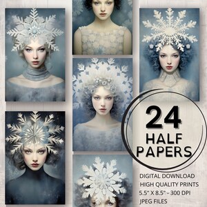 Snowflake Journal Half Papers Páginas imprimibles de invierno Surreal Ephemera Art Scrapbooking Collage Card Making Snowflake Junk Journal Supplies