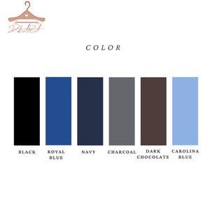 May include: Color palette graphic featuring six color swatches: black, royal blue, navy, charcoal, dark chocolate, and Carolina blue. Each color is labeled with its name in a sans-serif font. The word "COLOR" is above the swatches.
