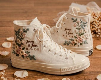 Personalized Wedding Converse High Tops, Floral Embroidered Bridal Sneakers, Custom Bride Shoes, Wedding Gift for Her, Jenny & John Sneakers
