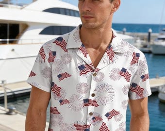 Camisa havaiana patriótica com a bandeira americana, camisa de botão para o 4 de julho, camisa de praia de verão com fogos de artifício dos EUA para homens.