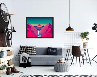 Inramad vibrerande landskapstryck | Abstrakt kvinnokonst | Väggdekor | Väggkonst | Poster med bergsvattenfall | Naturkonst |