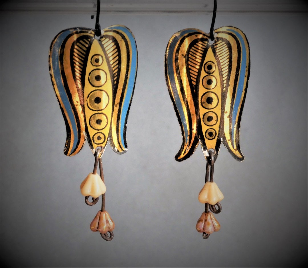 Vintage Tin Can Earrings With Bohemian Glass Flowers Etsy