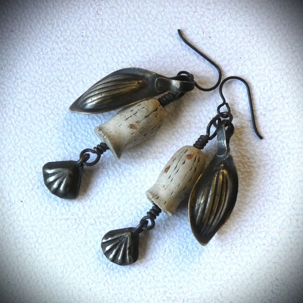 Tribal earrings made of clay buds with Turkmen pendants and leaves