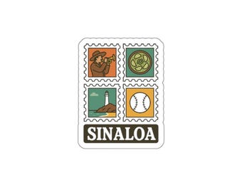 Pode incluir: Um autocolante com quatro imagens em estilo selo postal. No canto superior esquerdo, um músico tocando trompete; no canto superior direito, um prato de comida; no canto inferior esquerdo, um farol; e no canto inferior direito, uma bola de beisebol. A palavra "SINALOA" está na parte inferior.
