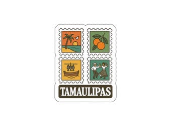Pode incluir: Um autocolante com quatro ilustrações em estilo de selo postal. No canto superior esquerdo, uma palmeira numa praia, no canto superior direito, laranjas, no canto inferior esquerdo, um barco com peixes e no canto inferior direito, pessoas a dançar. A palavra "TAMAULIPAS" está na parte inferior.