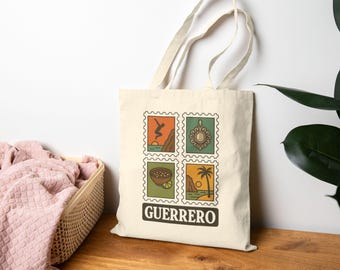 Draagtas Guerrero-stempel, vintage Mexicaanse ansichtkaart esthetiek, reisvinyl, Mexico-tas, geïnspireerd op Spaans, Mexicaanse draagtas, boodschappentas,