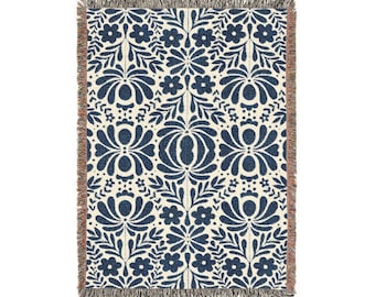 Blue Talavera Woven Blanket, Tapestry, Mexican Folk Art Throw, Boho Sofa Decor, Floral Design, 52x37, 60x50