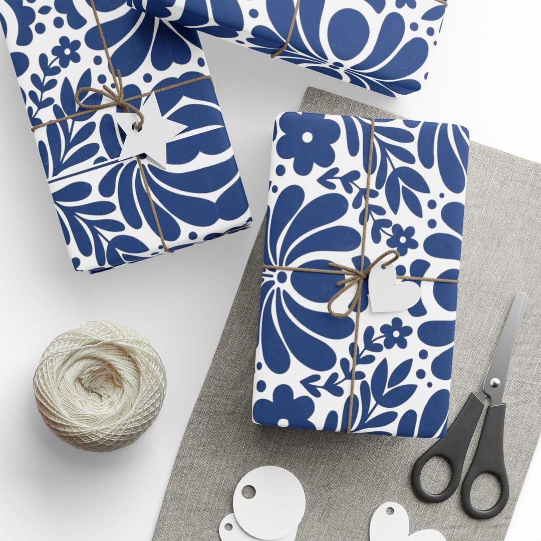 Wrapping Paper, Blue Talavera Floral Mexican Folk Art Gift Wrap, Fiesta ...