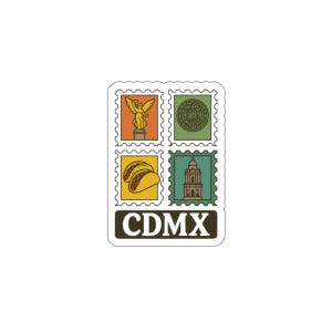 Può includere: Un adesivo con quattro disegni di francobolli. I francobolli raffigurano una statua, un disegno circolare, tacos e un edificio. La parola "CDMX" è stampata in un rettangolo nero in basso. I francobolli sono delineati in nero.