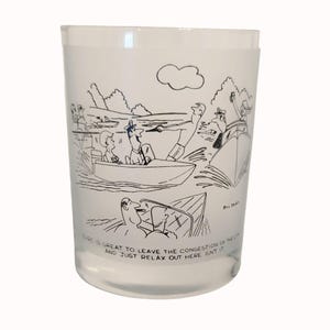 Vintage Bill Davey 70s Fishing Theme Comic Cartoon Frosted Whiskey Glass