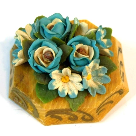 Vintage 1980s Handcrafted Bread Dough Blue Floral 