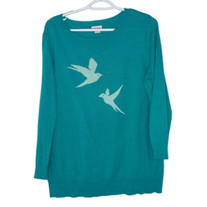 Vintage Jaclyn Smith Large Doves Teal Pullover Sweater 90s Y2K