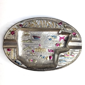Vintage State ARKANSAS Hand Painted Tin Metal Souvenir Ashtray Japan 1950s