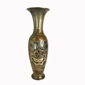 Vintage Solid Brass Etched Floral Design Vase Made In India - 13.75&quot; Tall