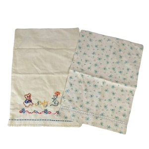 Vintage 80s Pillowcases For Baby or Child Blue Flowers/Handstitched Bear Animals