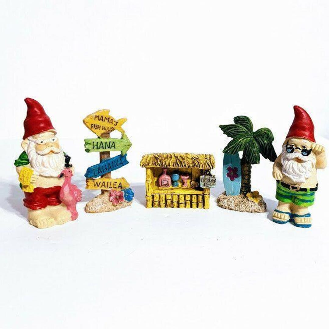 Beach Themed Garden Gnomes Resin Set of 2 Figures Palm Tree 3.5" Decor ...